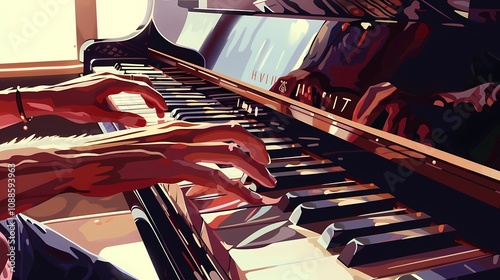 An illustration of a student playing a grand piano with focus on the hands and keys