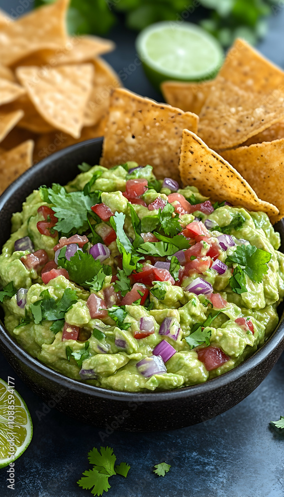 Fresh guacamole with tortilla chips. Fresh guacamole with tortilla chips.
