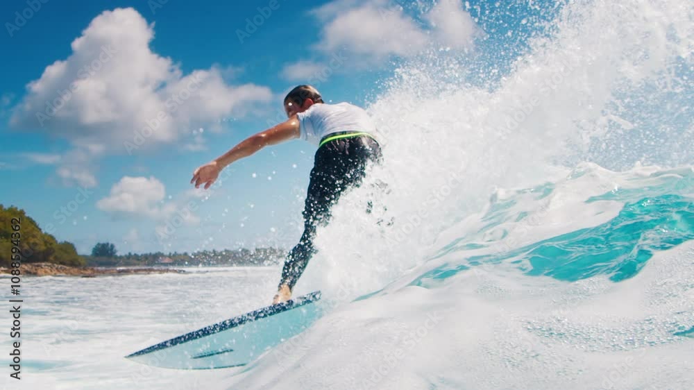 Teen boy surfer rides the wave and makes sharp turn with spray. Speed warp effect with extreme slow motion. Tropical surfing in the Maldives Teen boy surfer rides the wave and makes sharp turn with spray. Speed warp effect with extreme slow motion. Tropical surfing in the Maldives