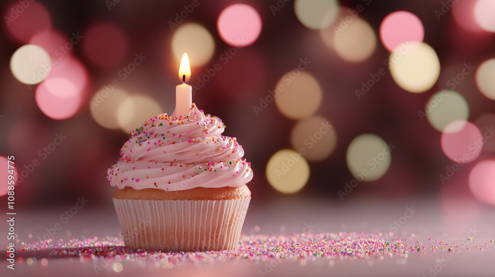 Single Cupcake with Glowing Candle and Soft Bokeh Single Cupcake with Glowing Candle and Soft Bokeh