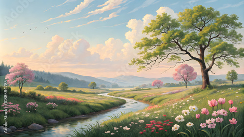 Wallpaper Mural Spring landscape with blooming flowers and a serene stream under a pastel sky Torontodigital.ca