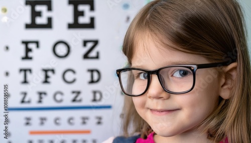 Child Wearing Eyeglasses Emphasizing Nearsightedness Prevention photo