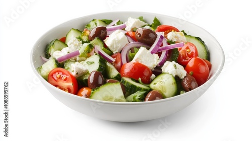 A vibrant bowl of Greek salad with chopped cucumbers, tomatoes, red onions