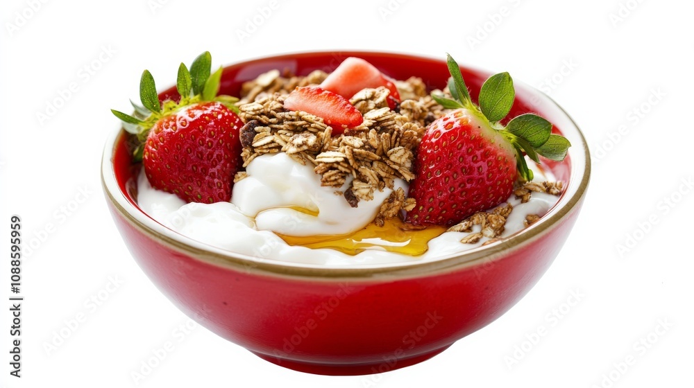 A vibrant bowl of Greek yogurt with honey, granola, and fresh strawberries A vibrant bowl of Greek yogurt with honey, granola, and fresh strawberries