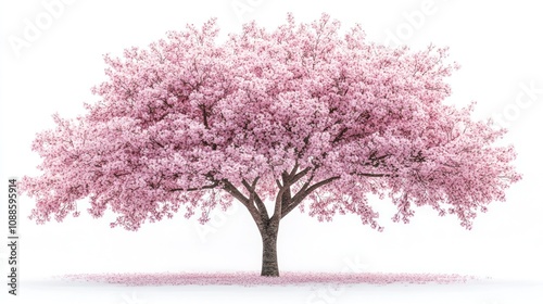 A beautiful pink cherry blossom tree in full bloom, isolated on a white background.