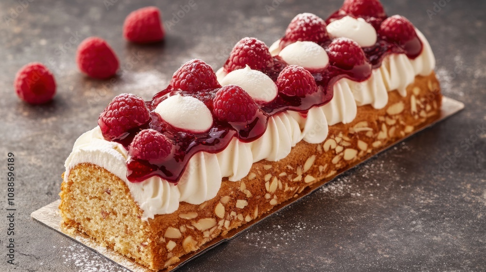 Delicious Raspberry and Cream Cake with Fresh Raspberries Topping and Fruity Jam Layer Perfect for Celebrations, Events, and Desserts Delicious Raspberry and Cream Cake with Fresh Raspberries Topping and Fruity Jam Layer Perfect for Celebrations, Events, and Desserts