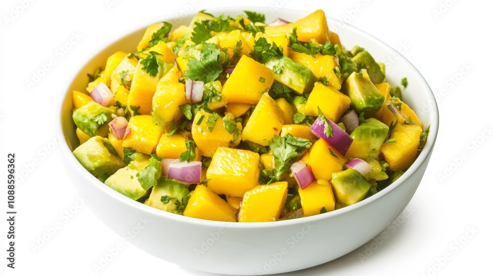 A vibrant bowl of mango avocado salsa with diced mango, avocado, red onion