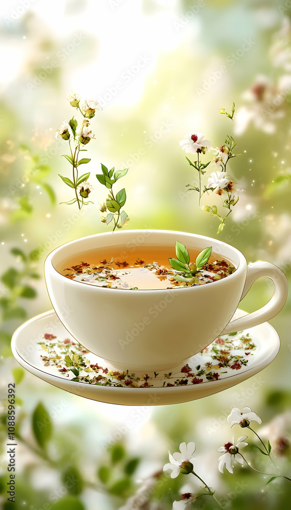 Herbal tea cup with floating flowers. Herbal tea cup with floating flowers.