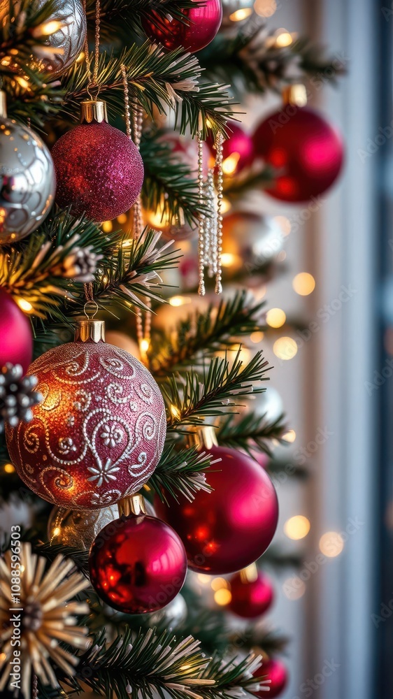 Christmas decoration with shiny baubles, ornaments and twinkling lights in a festive setting, merry Christmas decoration with shiny baubles, ornaments and twinkling lights in a festive setting, merry
