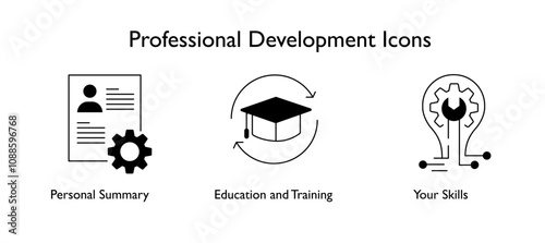 Professional Development Icons: Icons Included: Personal Summary, Education and Training, Your Skills