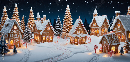 A fantastical gingerbread village, complete with houses, trees, and candy pathways lit by glowing gumdrops 