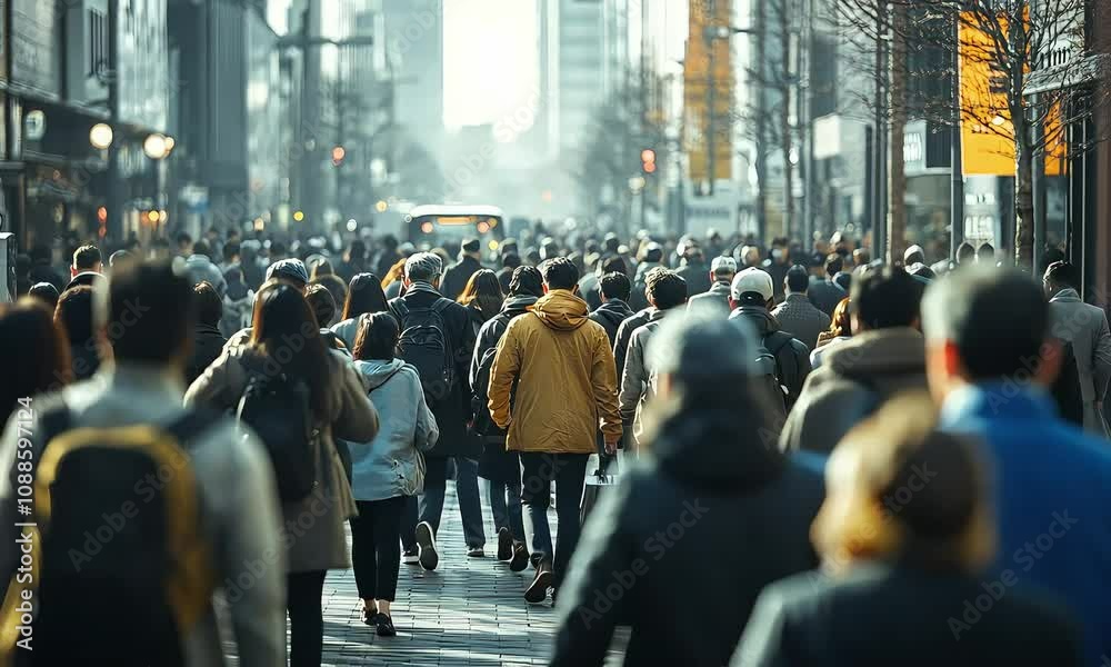 Rear view of a diverse crowd walking on a busy city street during rush hour, showcasing urban life and commuter culture