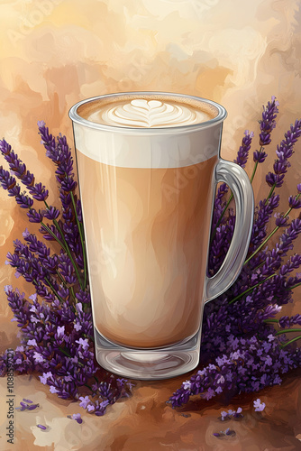 Latte art in a tall glass with lavender.