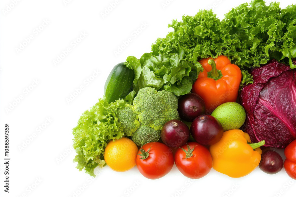 Fresh vegetables including lettuce, broccoli, peppers, and tomatoes create vibrant display of healthy produce. This colorful assortment showcases beauty of nature bounty Fresh vegetables including lettuce, broccoli, peppers, and tomatoes create vibrant display of healthy produce. This colorful assortment showcases beauty of nature bounty