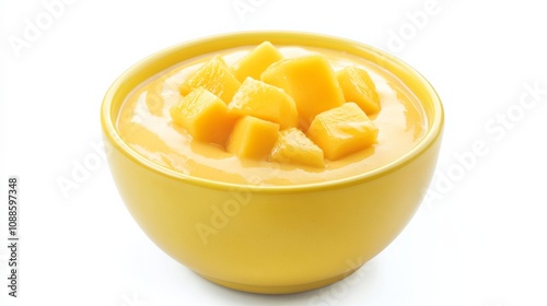 A vibrant bowl of mango coconut smoothie with ripe mango, coconut milk, yogurt