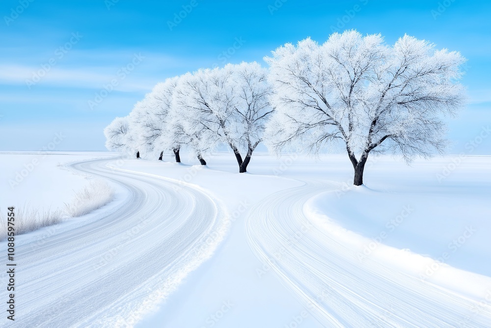 Serene Winter Wonderland with Snowy Trees and Pristine Tracks Serene Winter Wonderland with Snowy Trees and Pristine Tracks
