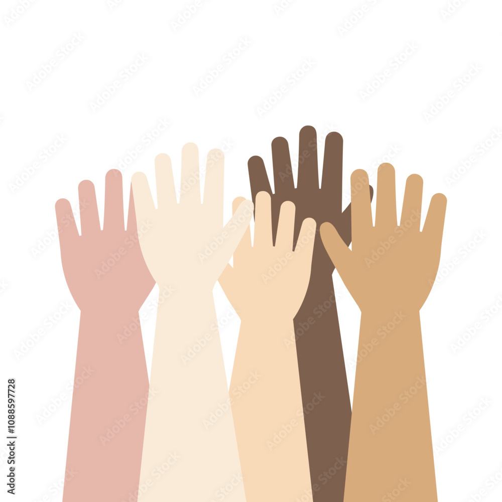 Raising hands with different skin color. Happy community, diversity, multiracial, multicultural, teamwork, connection, together, unity concepts. Flat character vector isolated design illustration. Raising hands with different skin color. Happy community, diversity, multiracial, multicultural, teamwork, connection, together, unity concepts. Flat character vector isolated design illustration.