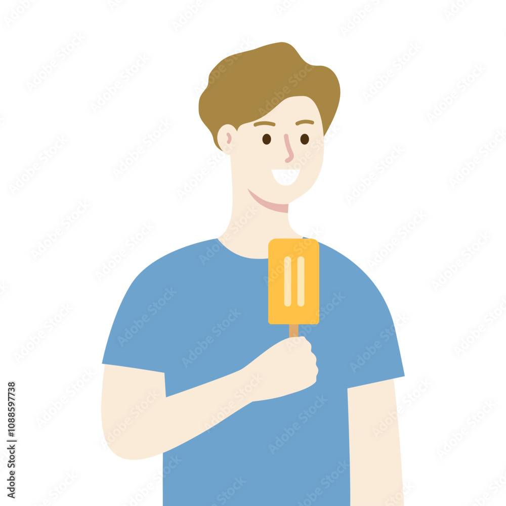 Happy boy eating popsicle. Summer, fresh, hot weather concepts. Flat character vector design illustration isolated on white background. Happy boy eating popsicle. Summer, fresh, hot weather concepts. Flat character vector design illustration isolated on white background.