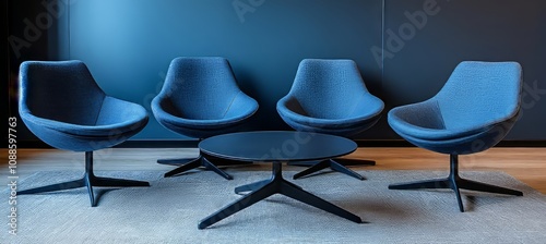 Four Blue Modern Armchairs and a Coffee Table Against a Bold, Blue Wall, Interior Design photo