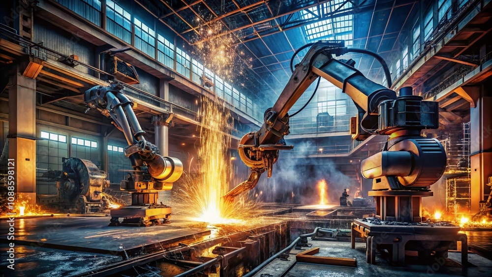 Industrial Robots in Steel Factory Sparks Creation: Automation Precision and Power in Manufacturing with Molten Metal Cutting, Showcasing Advanced Technology in Action Industrial Robots in Steel Factory Sparks Creation: Automation Precision and Power in Manufacturing with Molten Metal Cutting, Showcasing Advanced Technology in Action