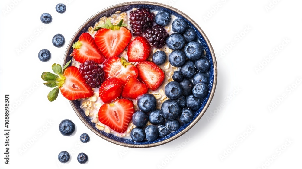 A vibrant bowl of mixed berry overnight oats topped with sliced strawberries, blueberries, and a drizzle of honey A vibrant bowl of mixed berry overnight oats topped with sliced strawberries, blueberries, and a drizzle of honey
