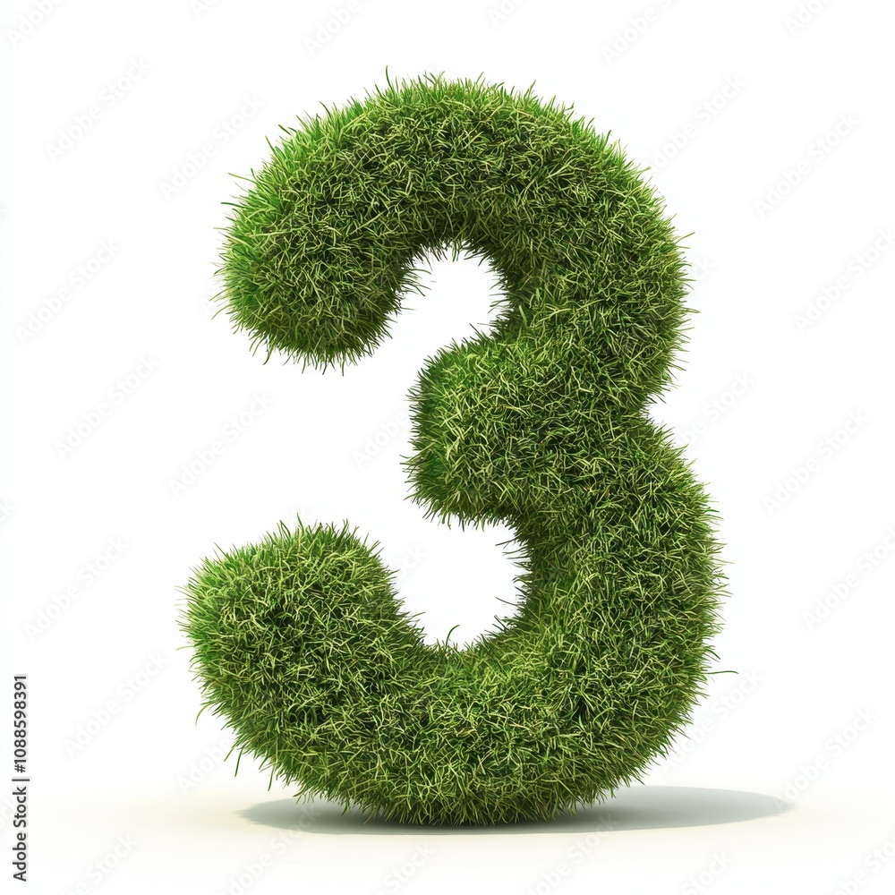 A green number three made of grass, symbolizing nature and sustainability.