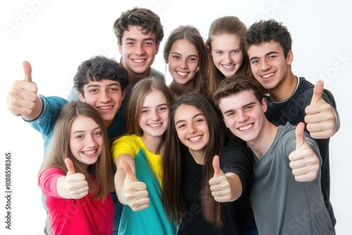 Happy group of teenagers giving thumbs up, celebrating friendship and joy