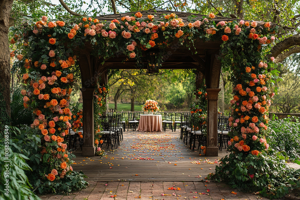 Wedding flower decorations. Flower arch of tea roses in open space. Place for wedding ceremony. Place for guests. Wedding flower decorations. Flower arch of tea roses in open space. Place for wedding ceremony. Place for guests.
