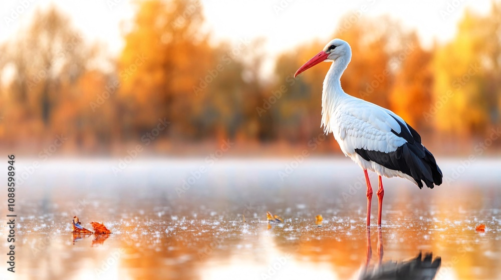 Fototapeta premium A solitary stork stands gracefully in a serene, autumn landscape, reflecting on calm waters surrounded by colorful foliage.