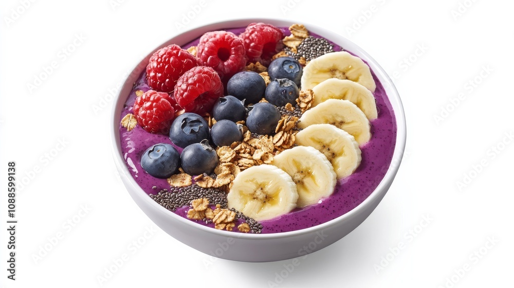 A vibrant bowl of mixed berry smoothie bowl topped with granola, sliced banana, and chia seeds A vibrant bowl of mixed berry smoothie bowl topped with granola, sliced banana, and chia seeds