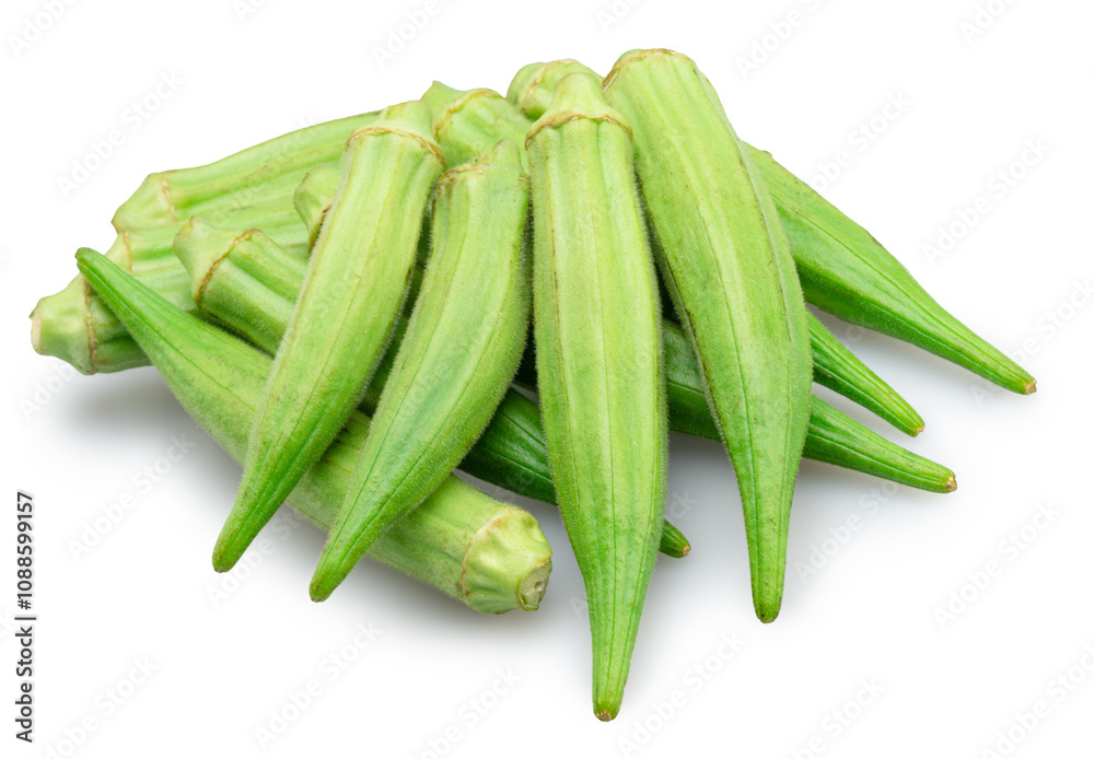 Fresh picked okra green seed pods isolated on white background. File contains clipping path. Fresh picked okra green seed pods isolated on white background. File contains clipping path.
