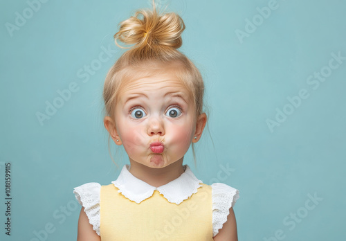 young girl with playful expression, making funny face against light blue background. Her hair is styled in bun, and she wears yellow dress with white collar