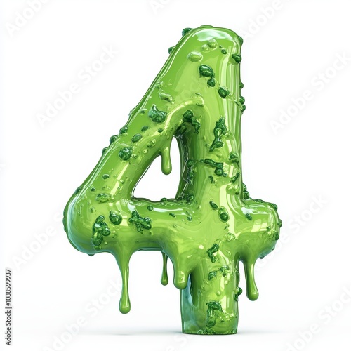 A glossy green number four with a dripping effect, resembling slime or goo. photo