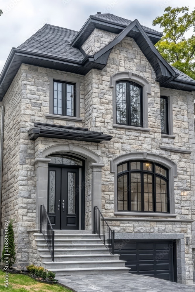 Modern Luxury Home with Gray Stone Facade, Black Trim, Arched Windows, Single-Car Garage in Suburb Modern Luxury Home with Gray Stone Facade, Black Trim, Arched Windows, Single-Car Garage in Suburb