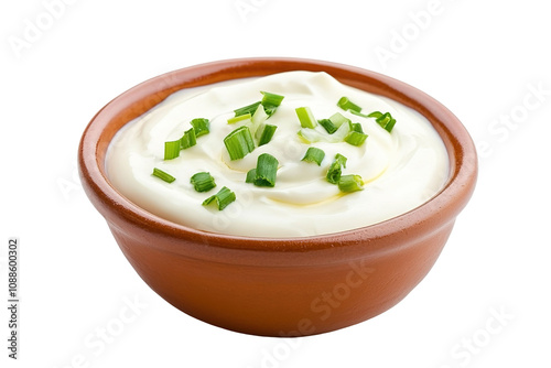 A white bowl with a creamy white sauce and green onions. on transparent background.