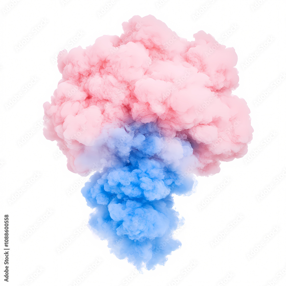 A vibrant display of pink and blue smoke creating an artistic effect. On white background A vibrant display of pink and blue smoke creating an artistic effect. On white background