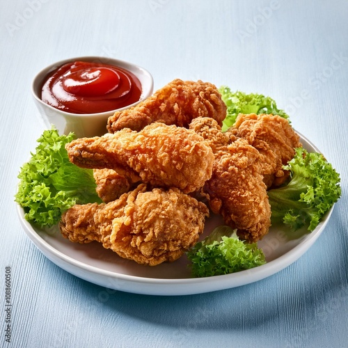 fried chicken with ketchup and lettuce on a white plate