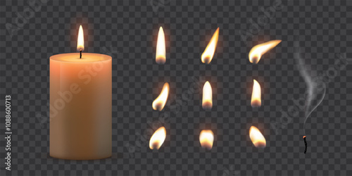 Candle flames. Candlelight fires vector illustration set. Realistic flame light on wick of candlestick, small romantic glow flare in night, collection isolated on transparent background.