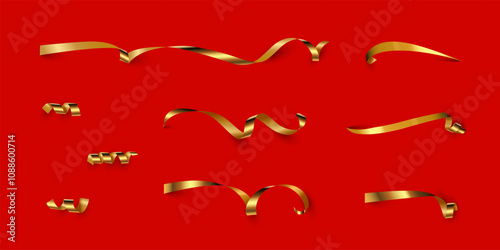 Gold curly ribbons. Golden serpentine isolated on red background. Yellow curl papers pieces for Christmas, birthday, wedding, party decoration.