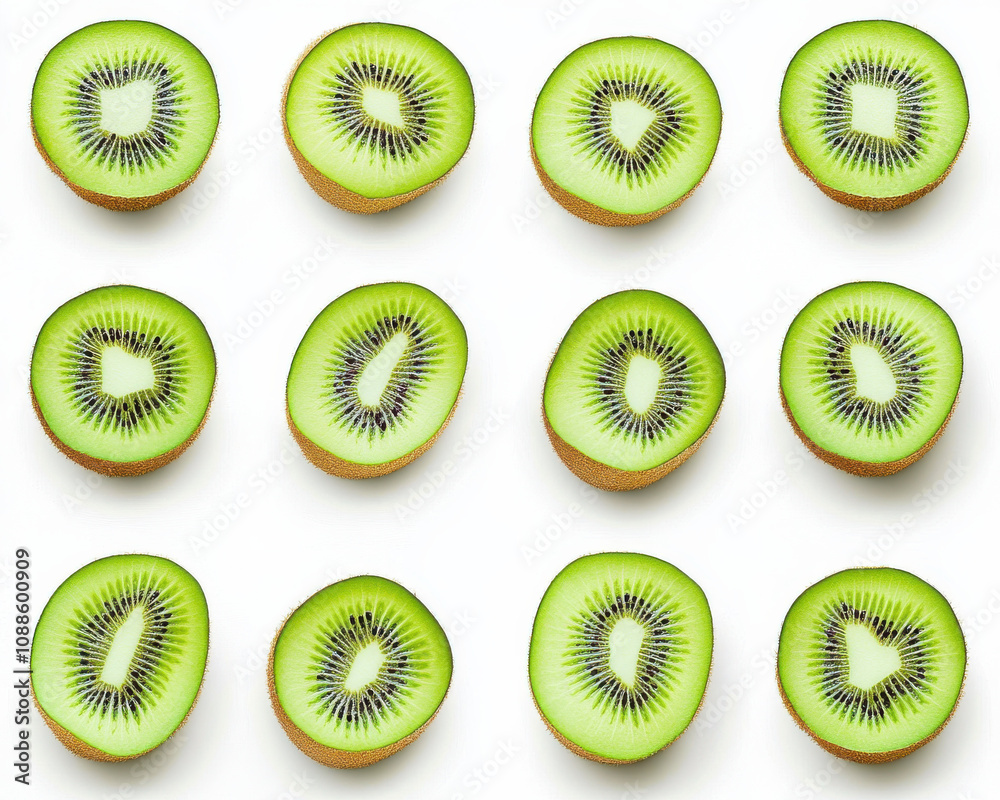 Fresh kiwi fruit slices arranged in grid pattern, showcasing vibrant green flesh and black seeds, perfect for healthy snacks or culinary presentations Fresh kiwi fruit slices arranged in grid pattern, showcasing vibrant green flesh and black seeds, perfect for healthy snacks or culinary presentations
