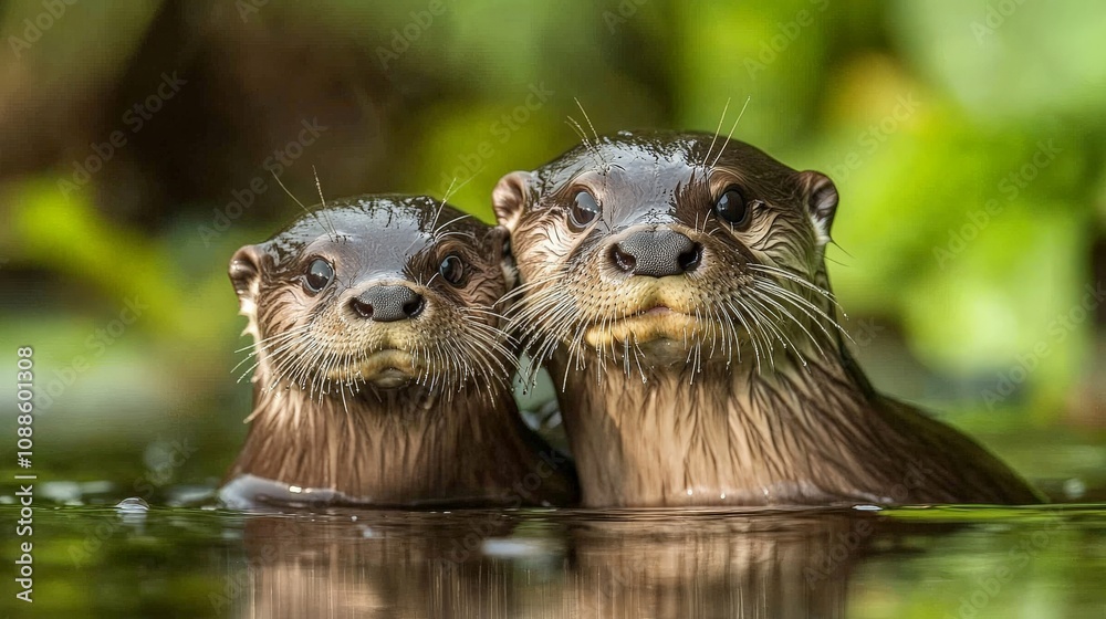 Fototapeta premium Baby Otter Peeking from Behind Parent in Water
