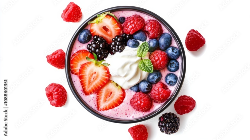 A vibrant bowl of mixed berry smoothie topped with sliced almonds, shredded coconut, and a drizzle of honey