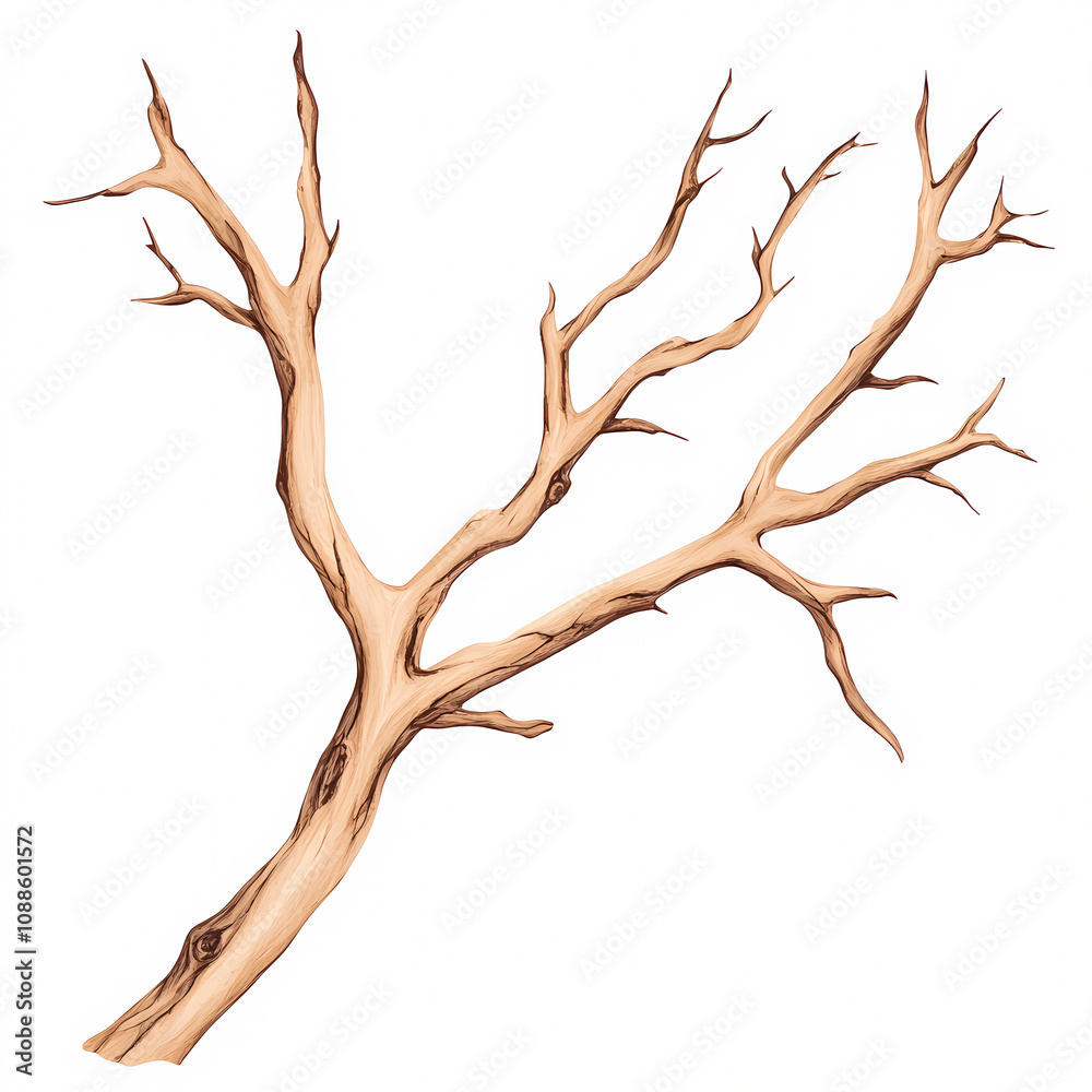 Fototapeta premium A detailed view of a dried tree branch showcasing intricate textures and nature's artistry. On white background