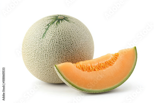 Fresh cantaloupe melon with slice revealing juicy orange flesh