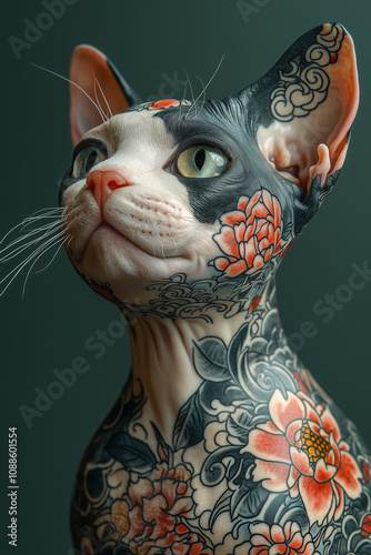 A hairless Egyptian cat with colorful Japanese tattoos