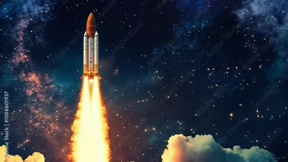 The spaceship has launched from the platform and is flying into space towards places unknown to man. The spaceship has launched from the platform and is flying into space towards places unknown to man.