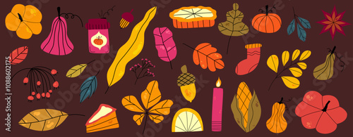 Thanksgiving autumn hygge set with pumpkin, leaf and coffee. Flat doodle elements for autumn thanksgiving design