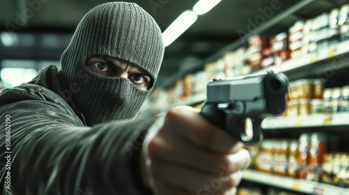 A masked man holding a gun threatens shoppers in a grocery store during a robbery at an unspecified time in a rural location photo