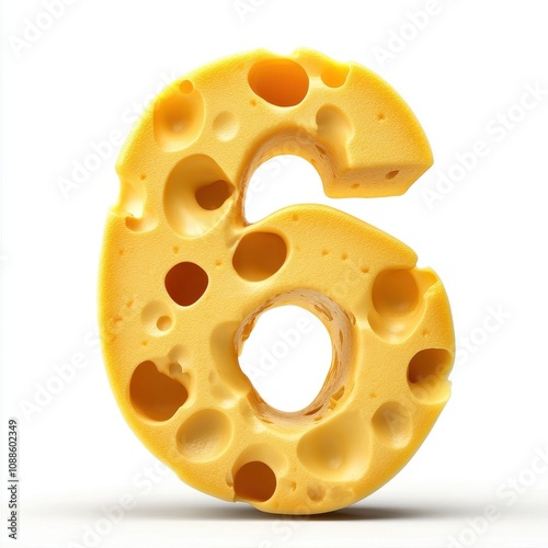 A stylized number six made of cheese with holes, emphasizing a playful food theme.