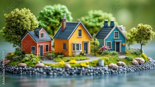 Miniature colorful houses on a serene island setting.